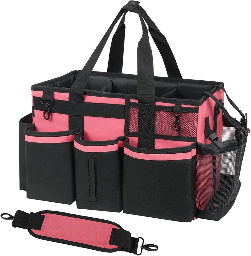 SCAVATA Wearable Cleaning Caddy, Cleaning Caddy Supplies Organizer with Handle & Shoulder Straps for Housekeepers, Under Sink & Car Cleaning Tool Organizers Bag with 4 Foldable Divider (OleanderRed) - Image 1